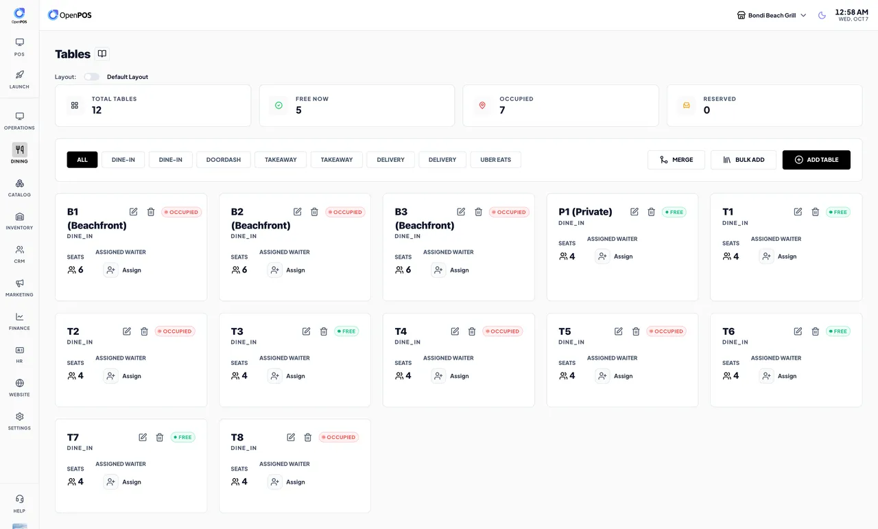 SureTill tables screen with free and occupied table cards, seats and waiter assignment