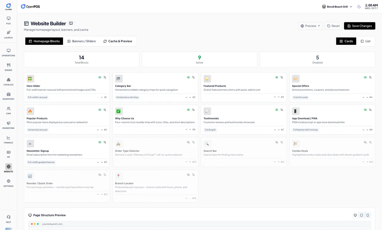 Website builder with homepage block cards, toggles and a page preview