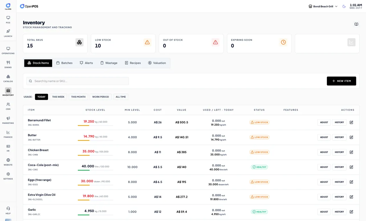 SureTill inventory with stock levels against the minimum, cost, value, usage and low-stock status