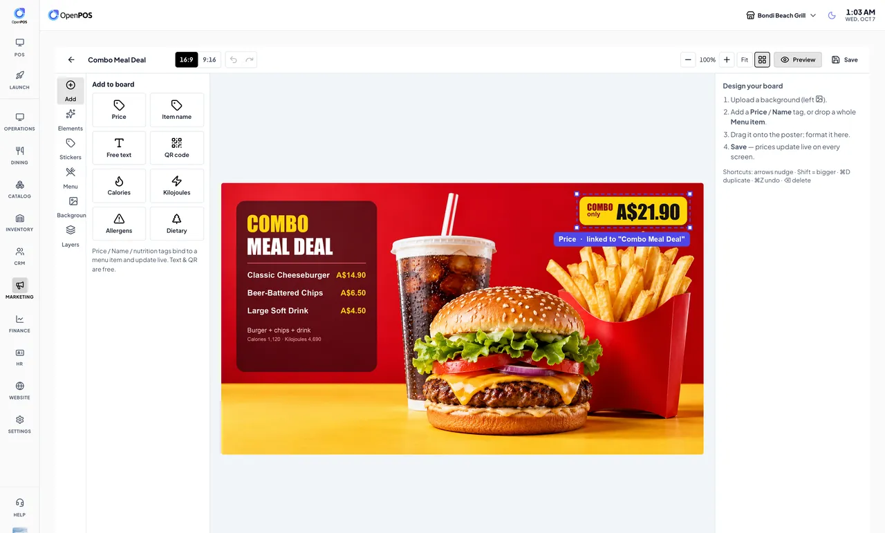 Menu board designer with price, item name, QR code, calories and allergen tags