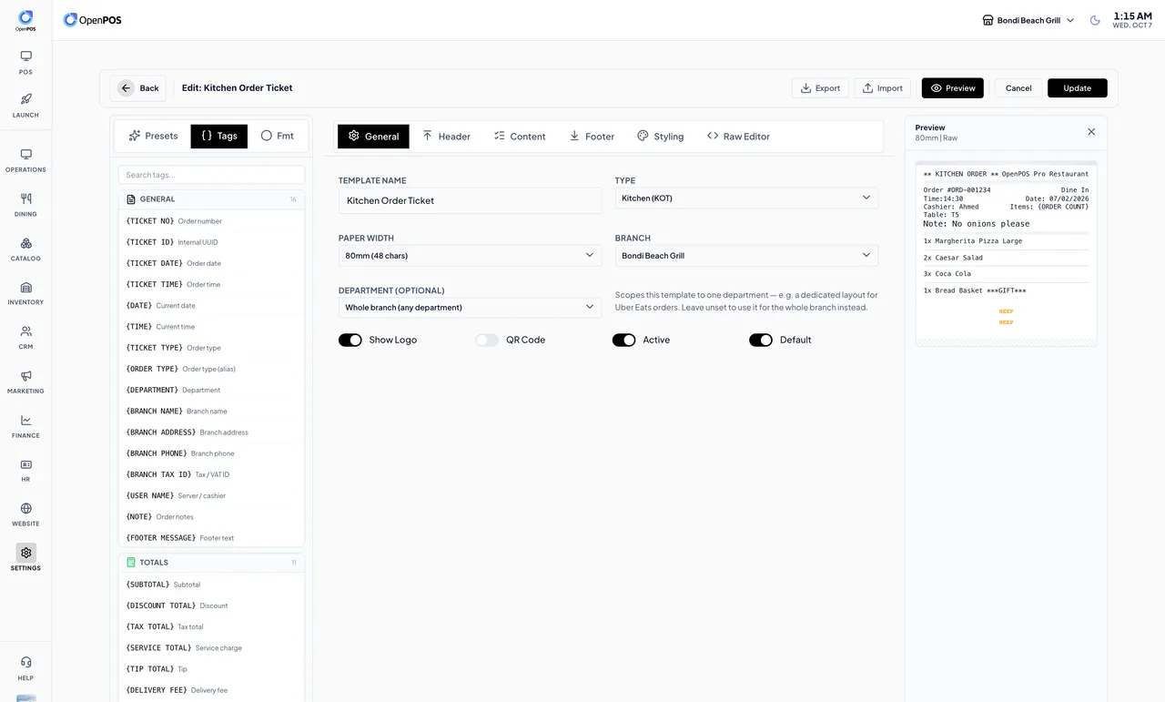 Kitchen order ticket template editor with tags, settings and a live preview