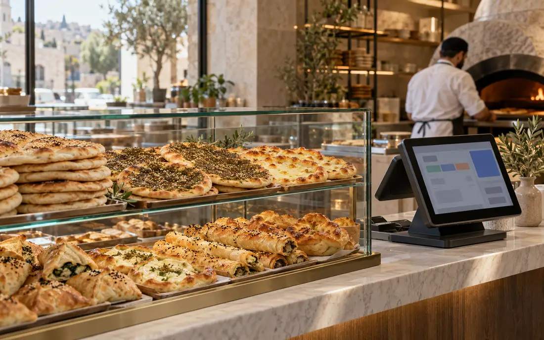 A bakery counter with a display case of breads and pastries and a POS terminal (illustrative)