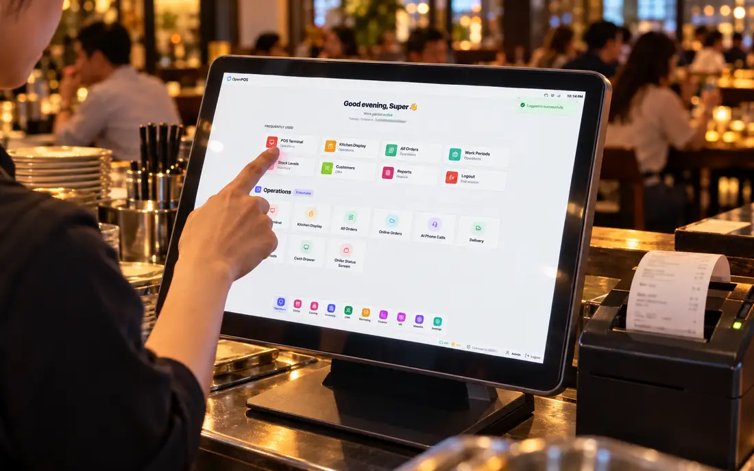 SureTill launchpad on a touchscreen terminal at a restaurant counter, with a receipt printing (illustrative)
