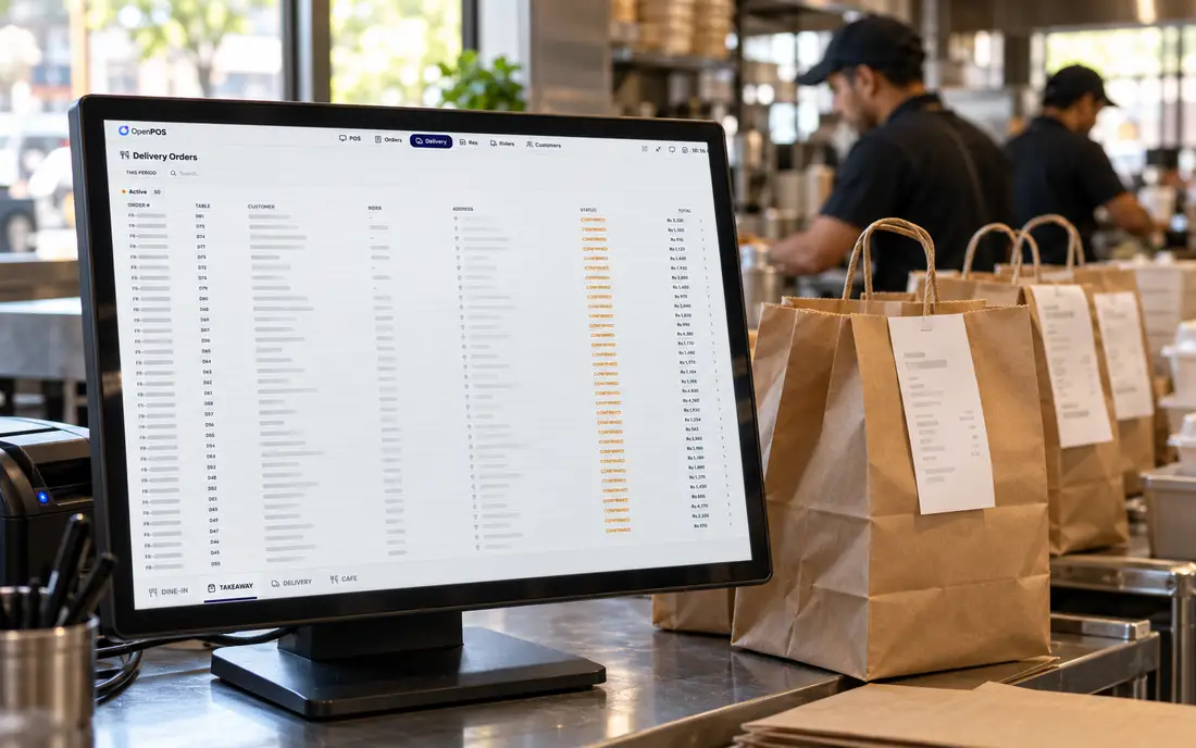 SureTill delivery orders list at a takeaway packing station (illustrative)