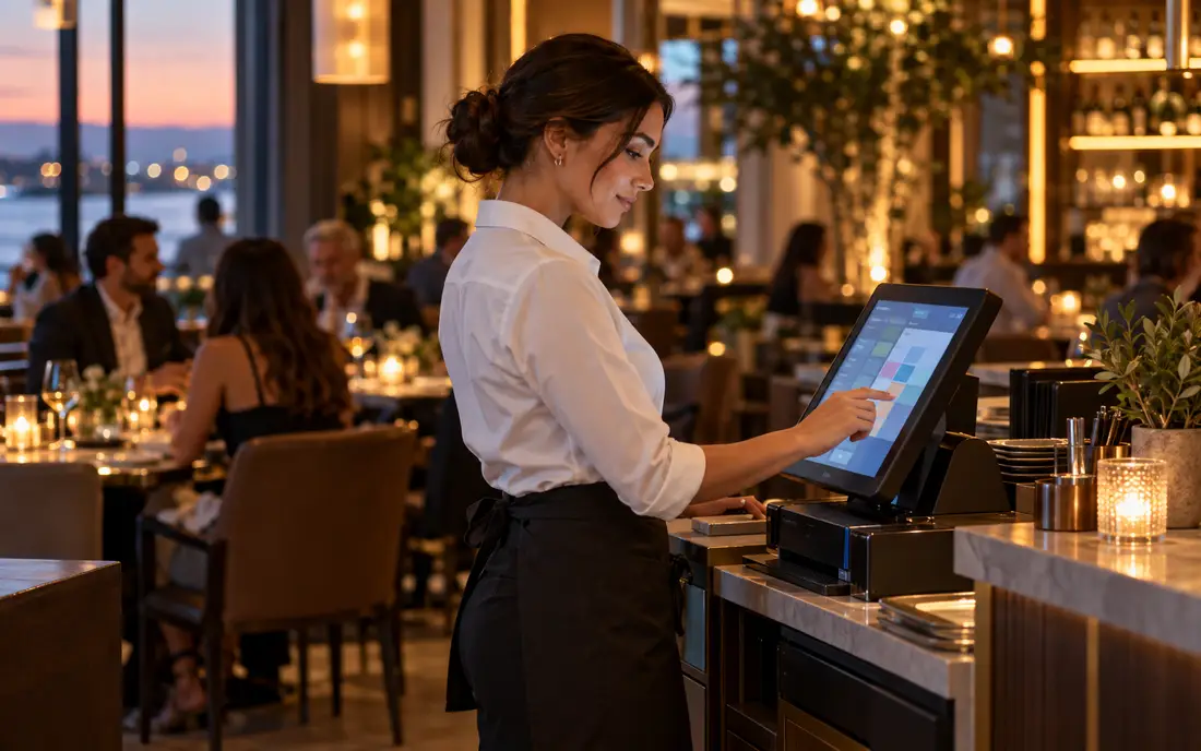 A restaurant dining room in the evening with a server at a POS terminal (illustrative)