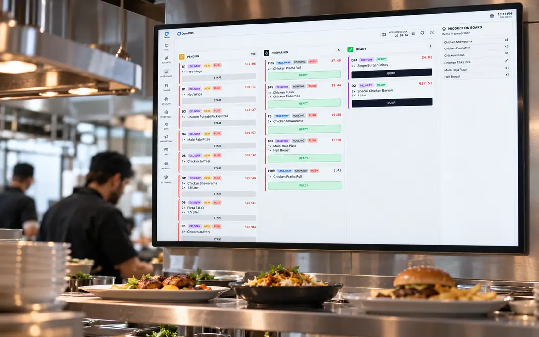 SureTill kitchen display showing order tickets above the kitchen pass (illustrative)