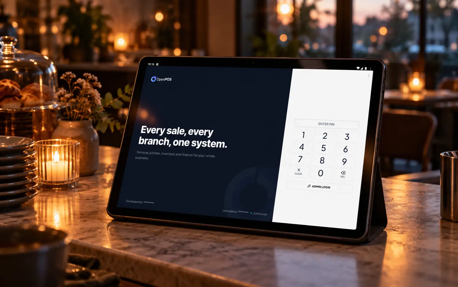 SureTill pin login, offline screen in a restaurant (illustrative)