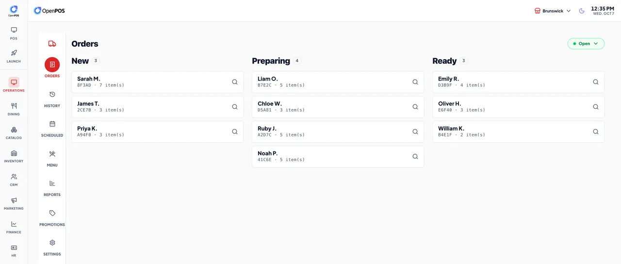 Uber Eats order board with new, preparing and ready columns